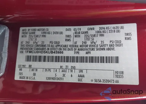 2019 Ford Escape Sel z USA, uszkodzony, nr VIN 1FMCU0HD5KUB45986